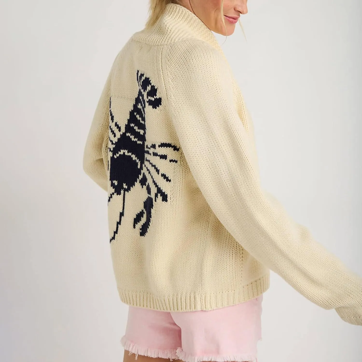 Lobster Cardigan Sweater for Women Chunky Button Down Sweater Coat Y2k Oversized Lobster Print Cardigans
