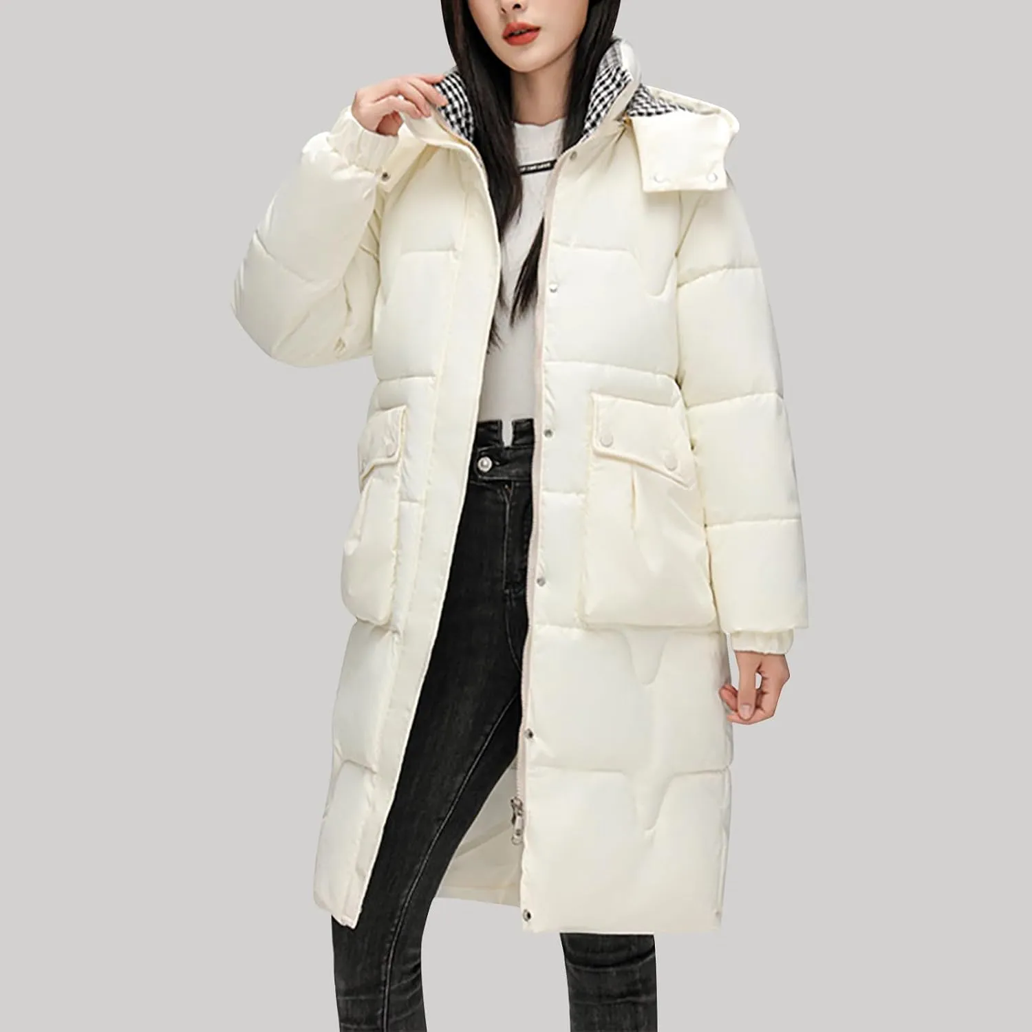 Long Puffer Coat For Women 2024 Trendy Winter Padded Down Jackets Full Zip Up Parka Coats Hooded Windproof Outerwear