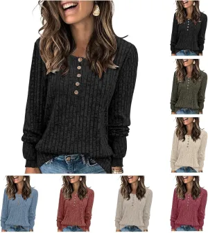 Long Sleeve Henley Knitted Tops for Women 2023 Fall Trendy Sweaters Casual Lightweight Solid Crewneck Tunic Jumpers