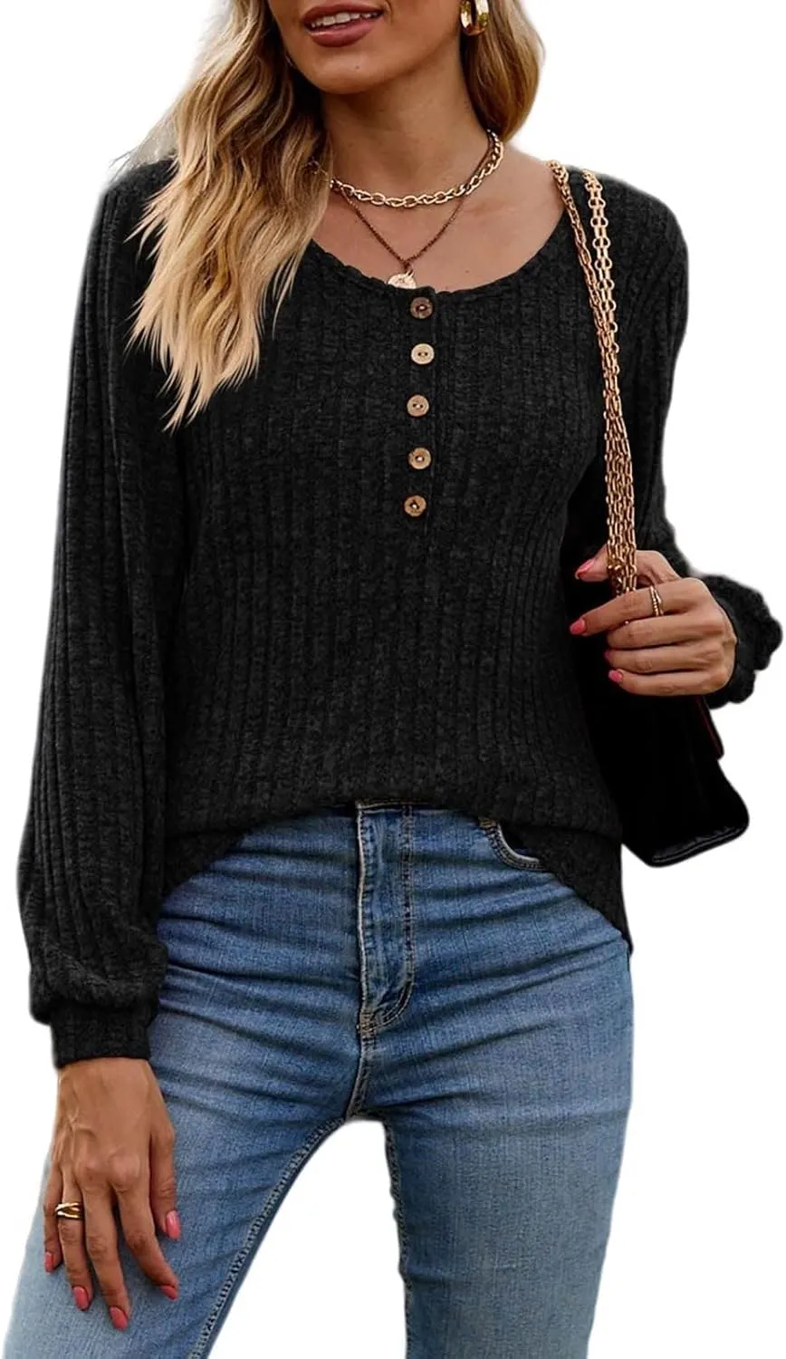 Long Sleeve Henley Knitted Tops for Women 2023 Fall Trendy Sweaters Casual Lightweight Solid Crewneck Tunic Jumpers