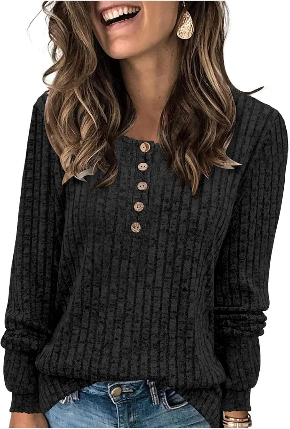 Long Sleeve Henley Knitted Tops for Women 2023 Fall Trendy Sweaters Casual Lightweight Solid Crewneck Tunic Jumpers