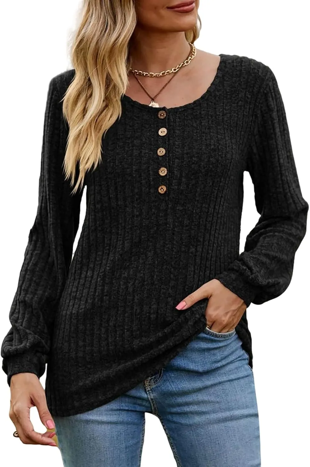 Long Sleeve Henley Knitted Tops for Women 2023 Fall Trendy Sweaters Casual Lightweight Solid Crewneck Tunic Jumpers