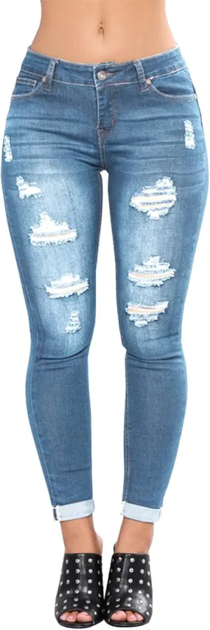 LONGBIDA Women's Stretch Ripped Jeans Skinny Distressed Destroyed Cuffed Denim Pants