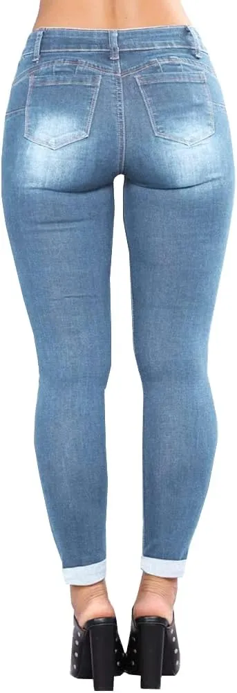 LONGBIDA Women's Stretch Ripped Jeans Skinny Distressed Destroyed Cuffed Denim Pants