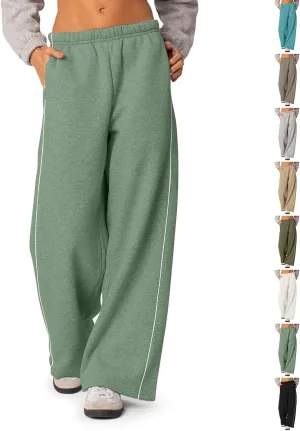 Low Rise Sweatpants Women Baggy Side Striped Fleece Joggers with Pockets Elastic Waist Athletic Vintage Track Pants