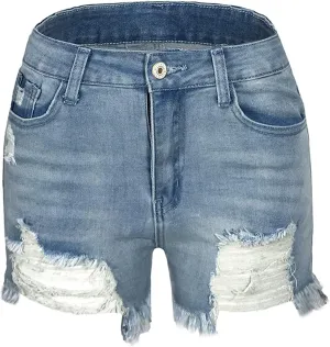 Lu's Chic Women's High Waisted Shorts Ripped Jean Slim Fit Denim Short Stretch Straight Casual