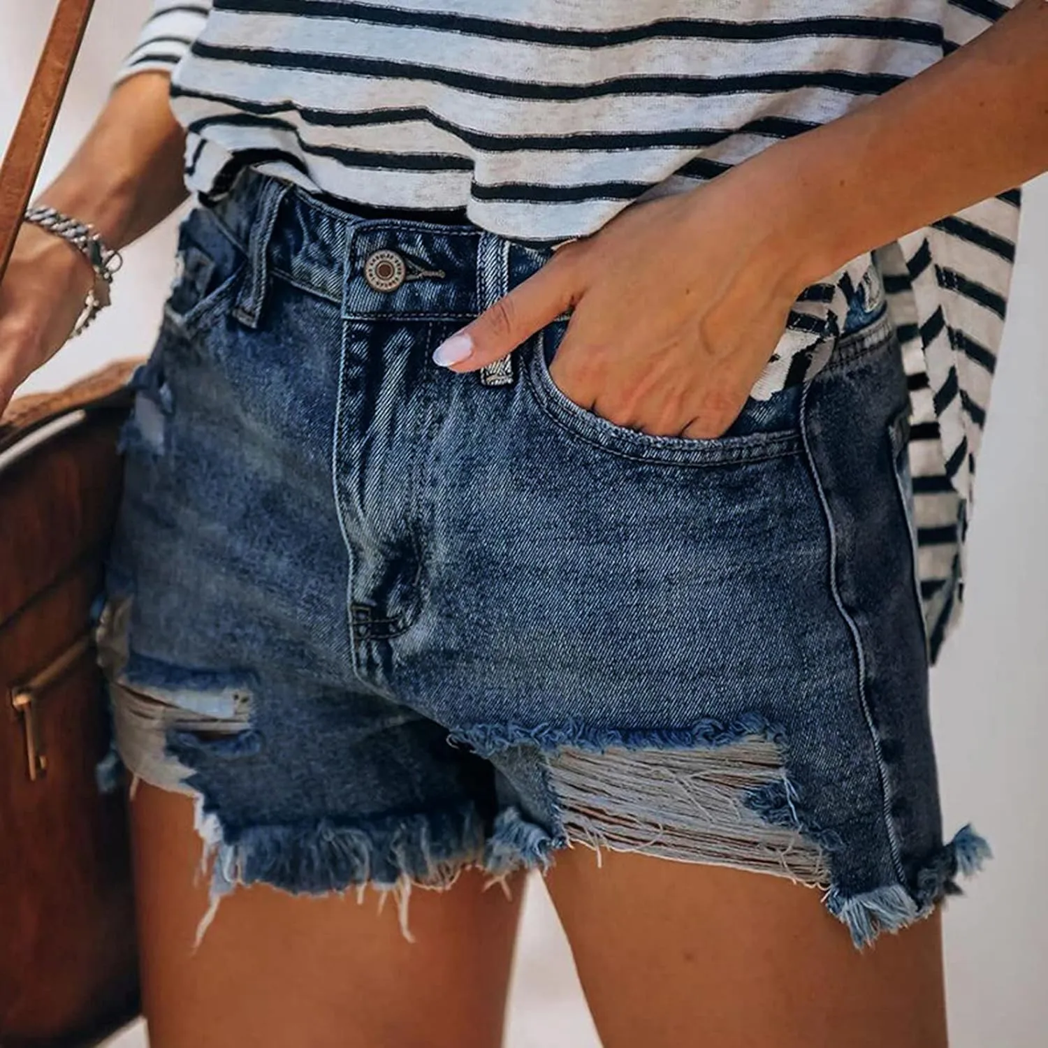 Lu's Chic Women's High Waisted Shorts Ripped Jean Slim Fit Denim Short Stretch Straight Casual