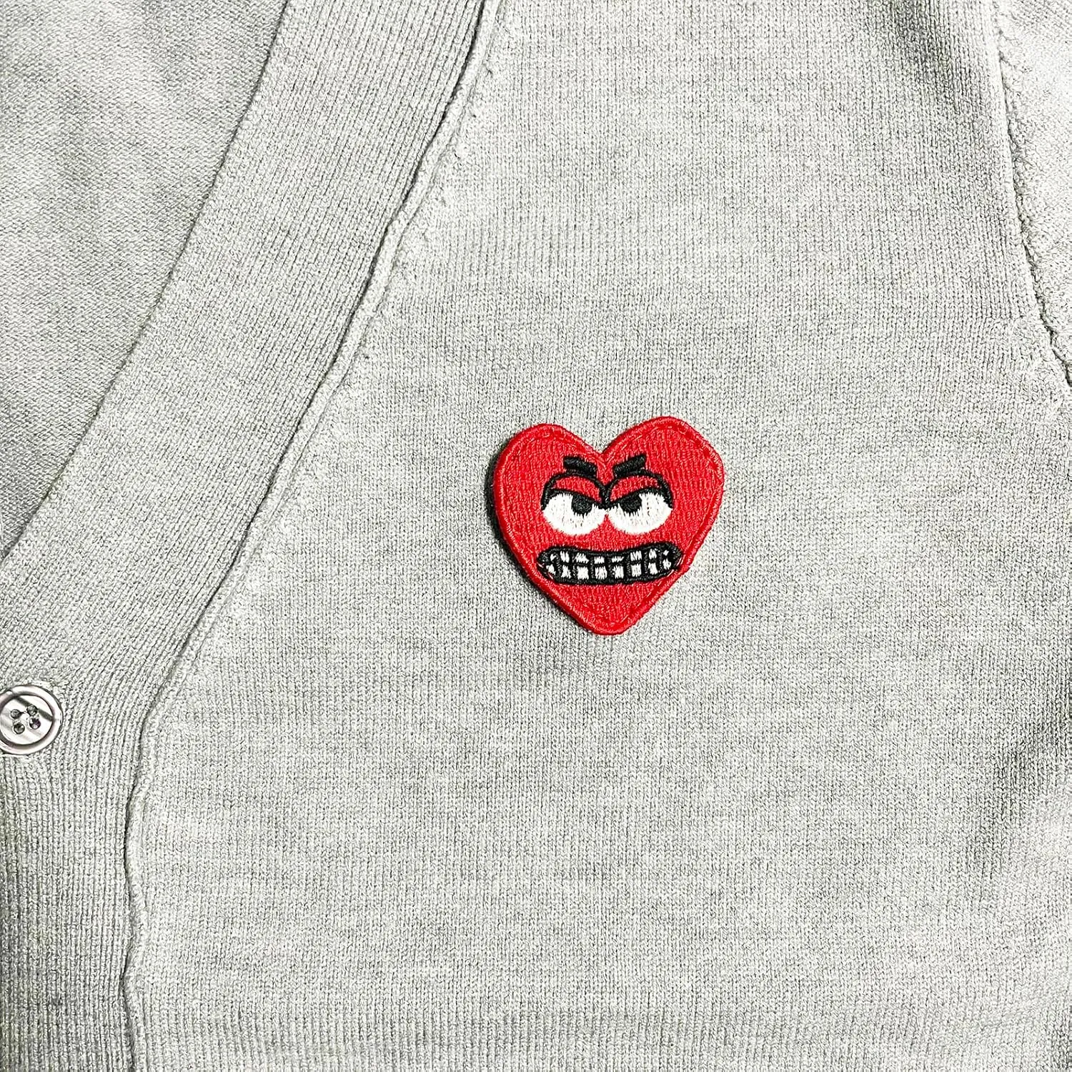 Men Cardigan V-Neck Red Snag Eyes Heart Embroidery Cotton with Button Solid Casual Fit Open Front Sweater