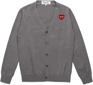 Men Cardigan V-Neck Red Snag Eyes Heart Embroidery Cotton with Button Solid Casual Fit Open Front Sweater