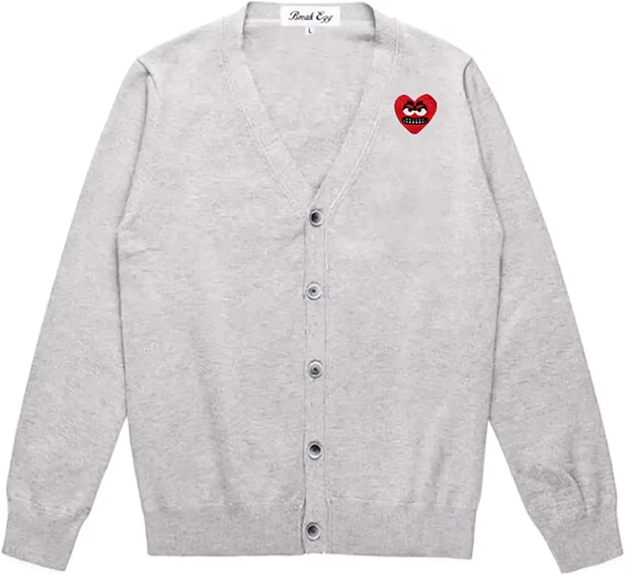 Men Cardigan V-Neck Red Snag Eyes Heart Embroidery Cotton with Button Solid Casual Fit Open Front Sweater