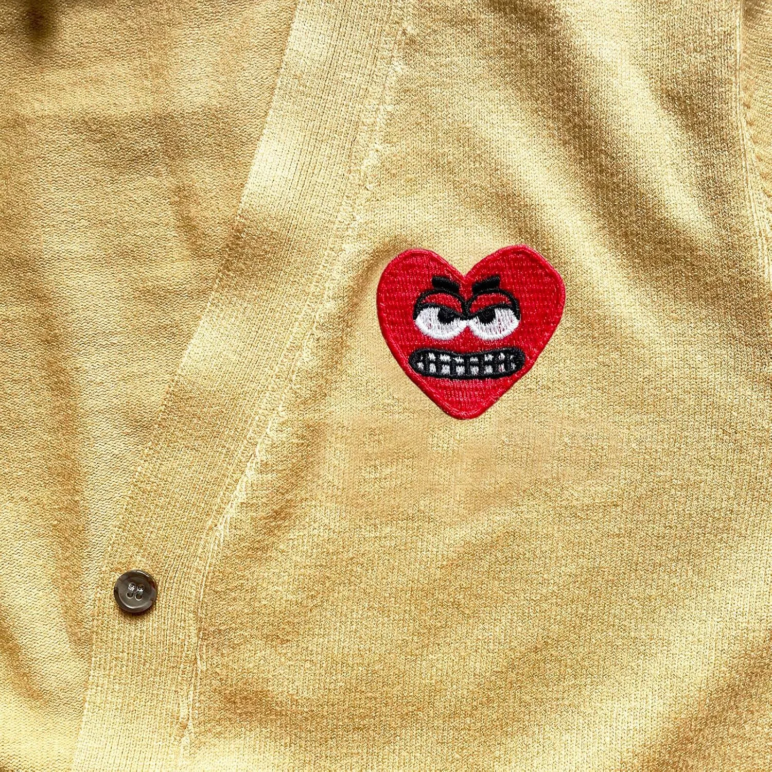 Men Cardigan V-Neck Red Snag Eyes Heart Embroidery Cotton with Button Solid Casual Fit Open Front Sweater
