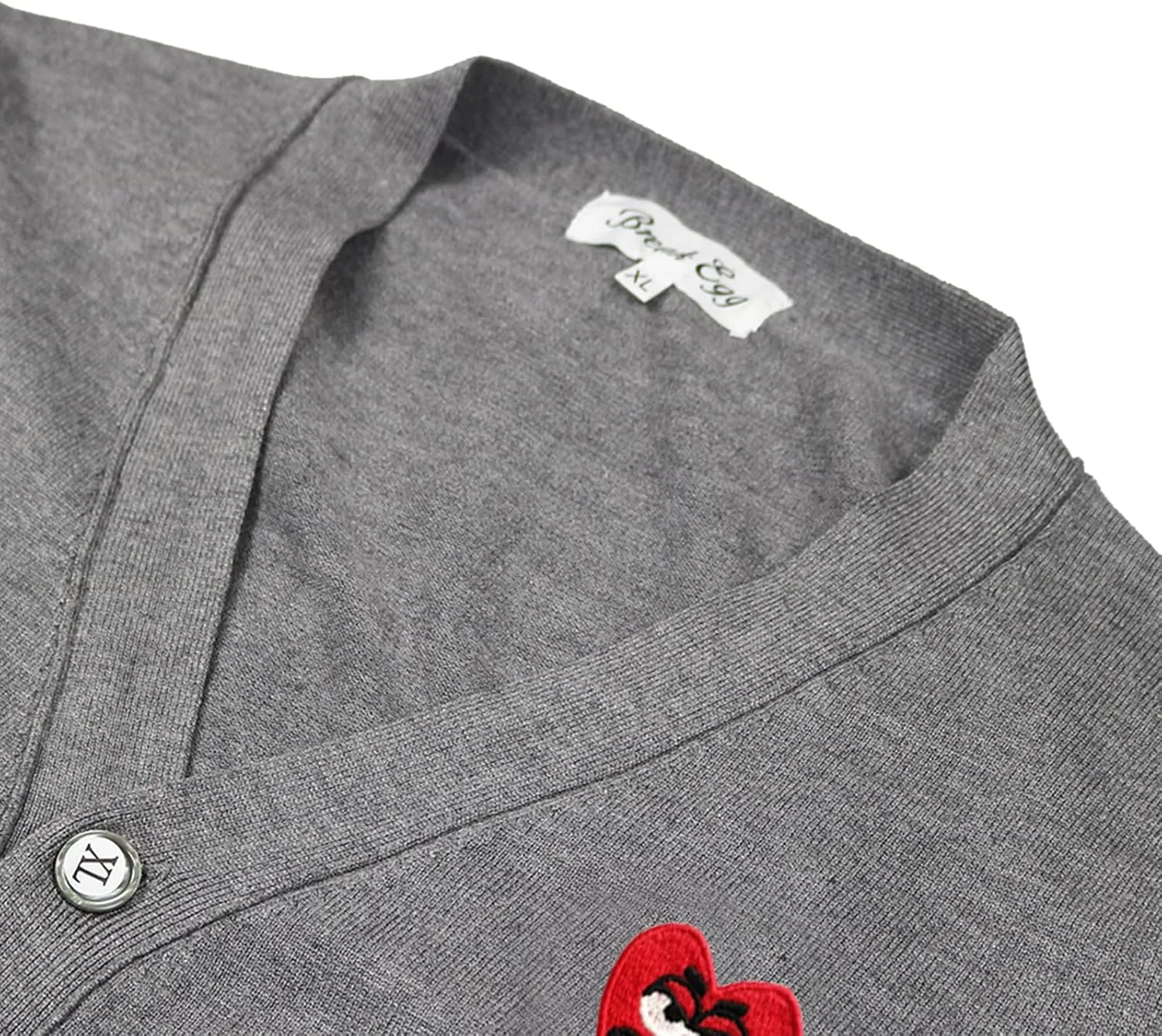Men Cardigan V-Neck Red Snag Eyes Heart Embroidery Cotton with Button Solid Casual Fit Open Front Sweater