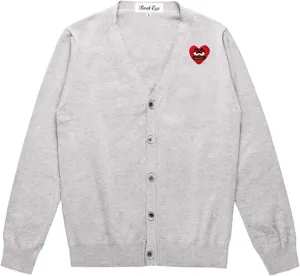 Men Cardigan V-Neck Red Snag Eyes Heart Embroidery Cotton with Button Solid Casual Fit Open Front Sweater