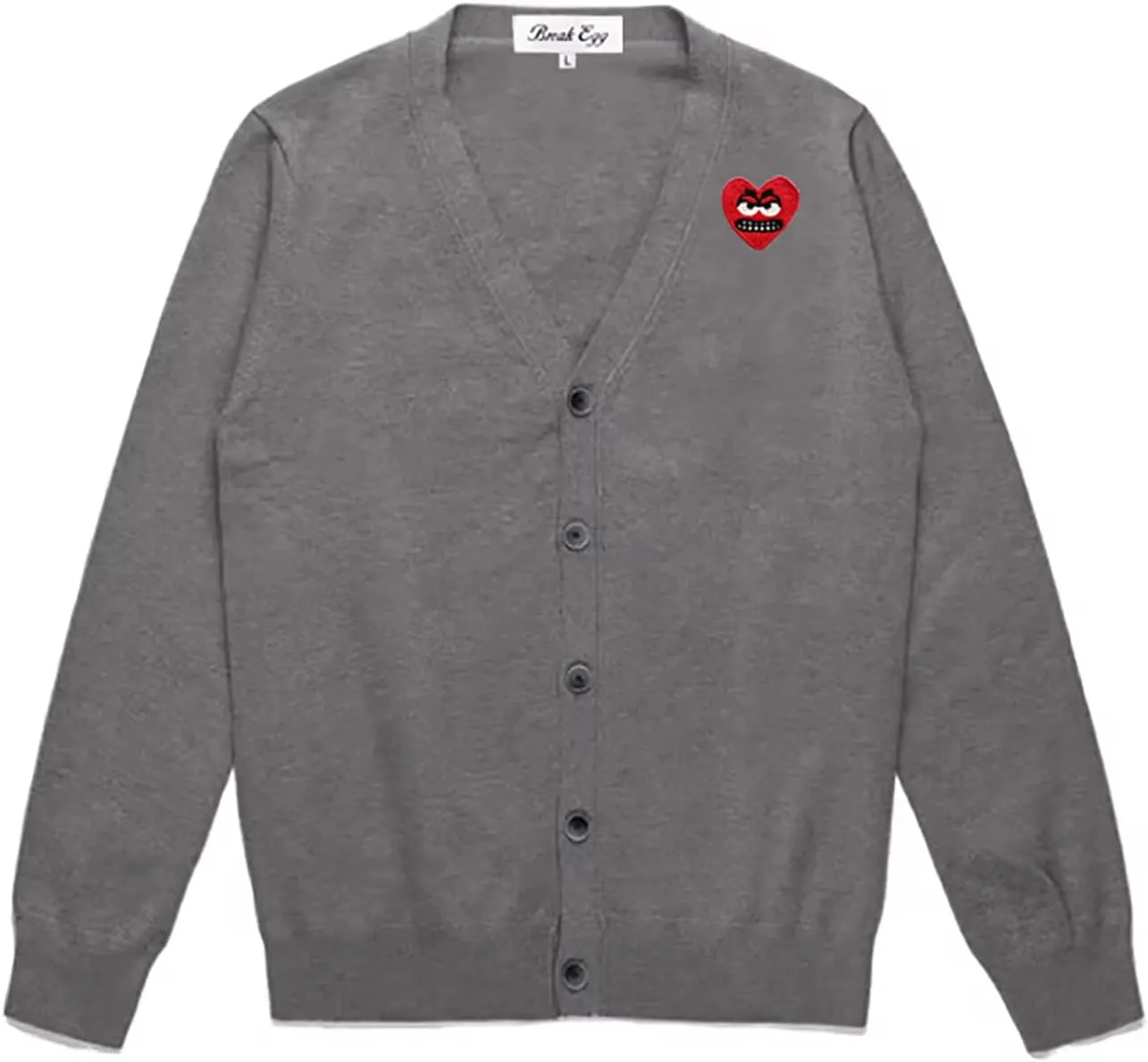 Men Cardigan V-Neck Red Snag Eyes Heart Embroidery Cotton with Button Solid Casual Fit Open Front Sweater