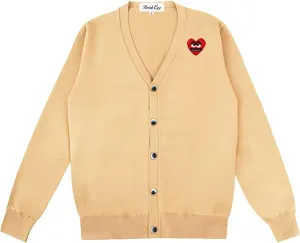 Men Cardigan V-Neck Red Snag Eyes Heart Embroidery Cotton with Button Solid Casual Fit Open Front Sweater