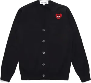 Men Cardigan V-Neck Red Snag Eyes Heart Embroidery Cotton with Button Solid Casual Fit Open Front Sweater
