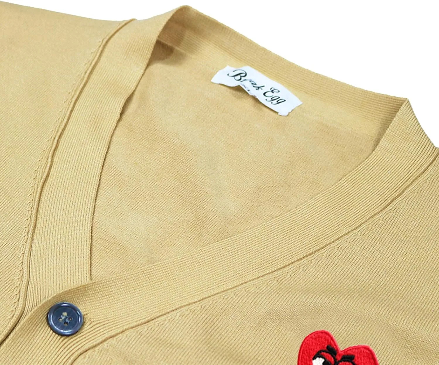Men Cardigan V-Neck Red Snag Eyes Heart Embroidery Cotton with Button Solid Casual Fit Open Front Sweater