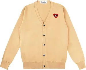 Men Cardigan V-Neck Red Various Interesting Heart Embroidery Cotton with Button Solid Casual Fit Open Front Sweater