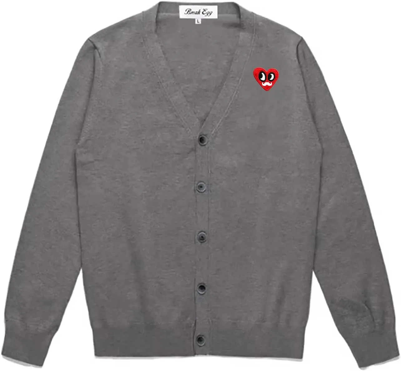 Men Cardigan V-Neck Red Various Interesting Heart Embroidery Cotton with Button Solid Casual Fit Open Front Sweater