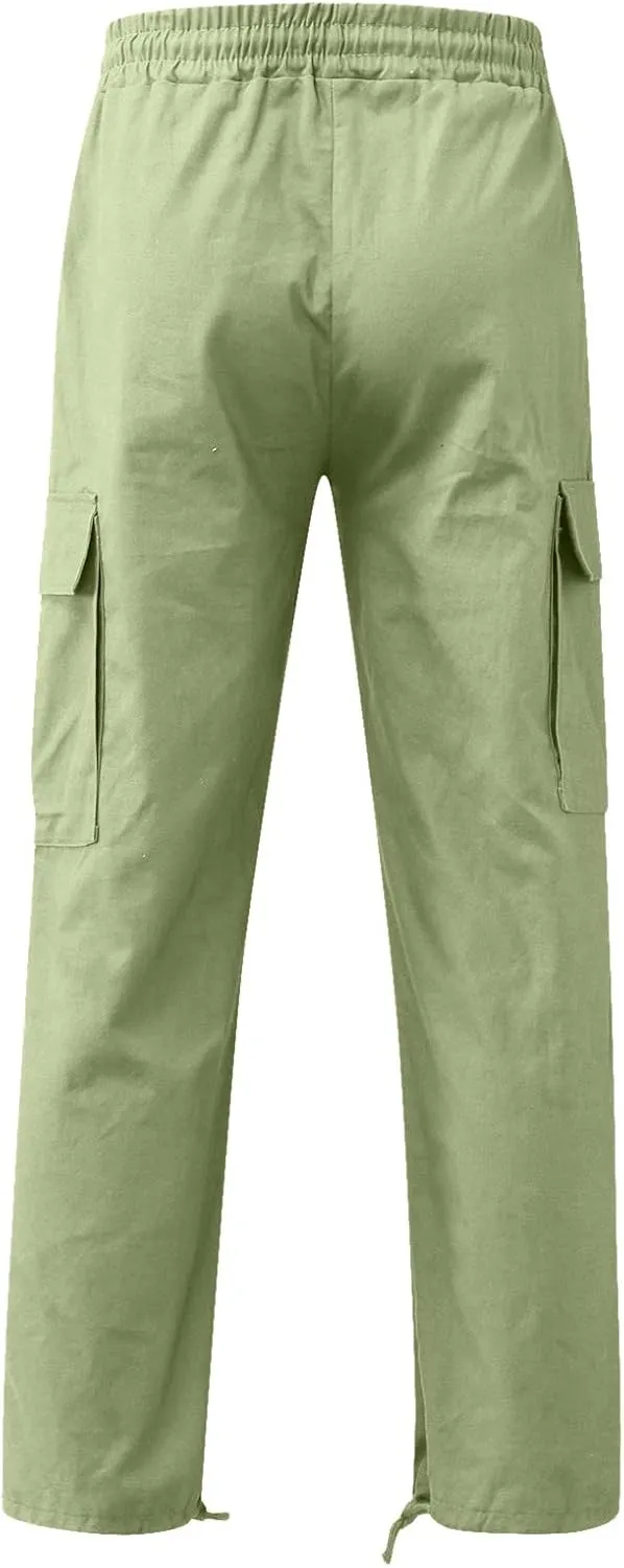 Men Cargo Pants, 2024 Pants for Men Casual Cotton Drawstring Lightweight Relaxed Fit Work Pants Multi Pockets