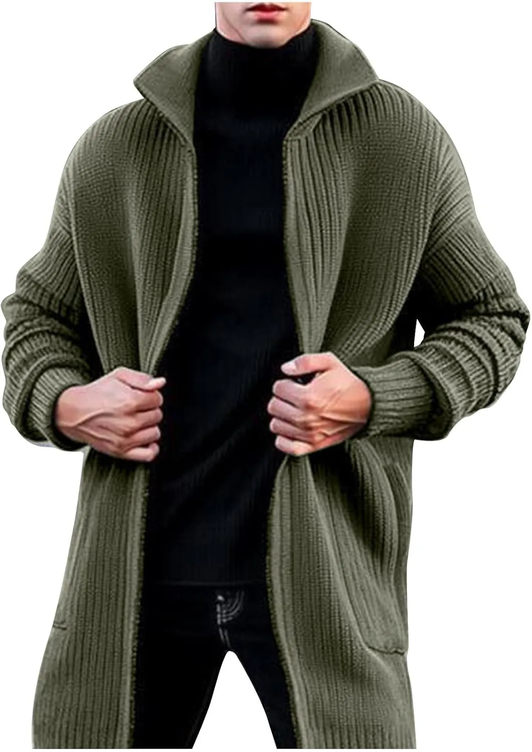 Men Knitted Midi Cardigan Coats Casual Knit Pleated Open Front Sweater Jacket Winter Long Sleeve Lapel Warm Outwear