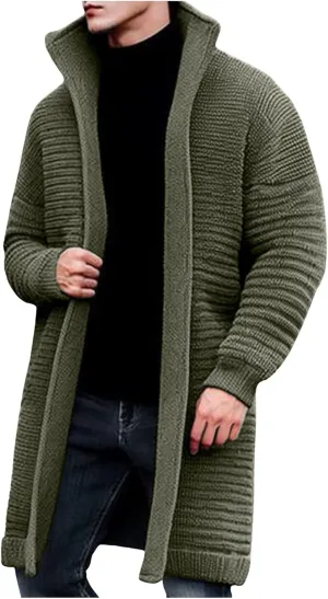 Men Knitted Midi Cardigan Coats Casual Knit Pleated Open Front Sweater Jacket Winter Long Sleeve Lapel Warm Outwear