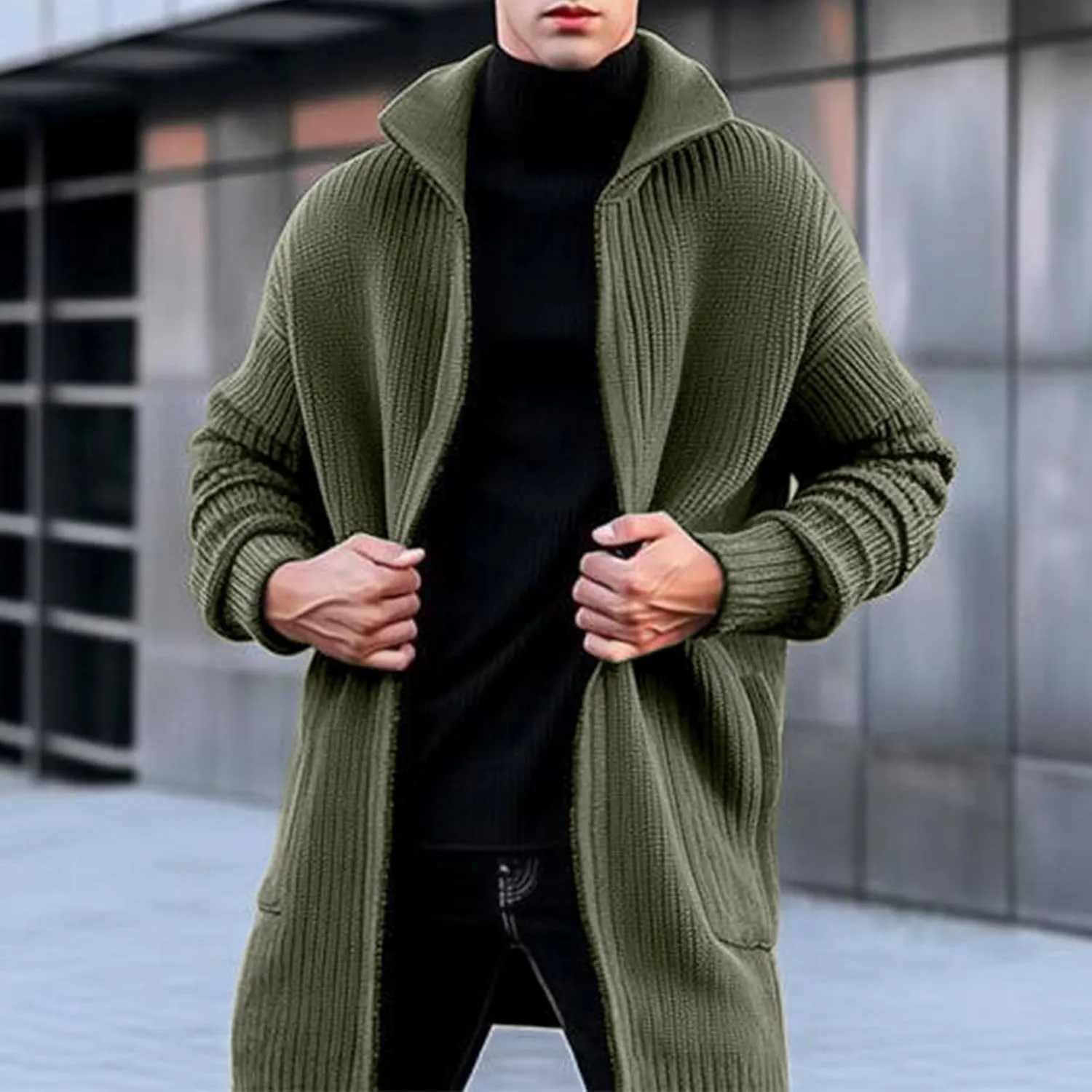 Men Knitted Midi Cardigan Coats Casual Knit Pleated Open Front Sweater Jacket Winter Long Sleeve Lapel Warm Outwear