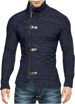 Men Turtleneck Sweater Vintage Button Chunky Knit Temperament Cardigan Jacket Zipper up Stand Collar Knitwear Tops
