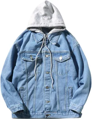 Mens 2024 Solid Color Denim Jackets Classic Button Pockets Tops Fashion Long Sleeve Hooded Jacket Fall Winter Coats