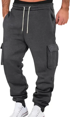 Mens Baggy Cargo Sweatpants, Drawstring Waist, Fleece Lined Joggers with Pockets, for Soft Athletic and Track