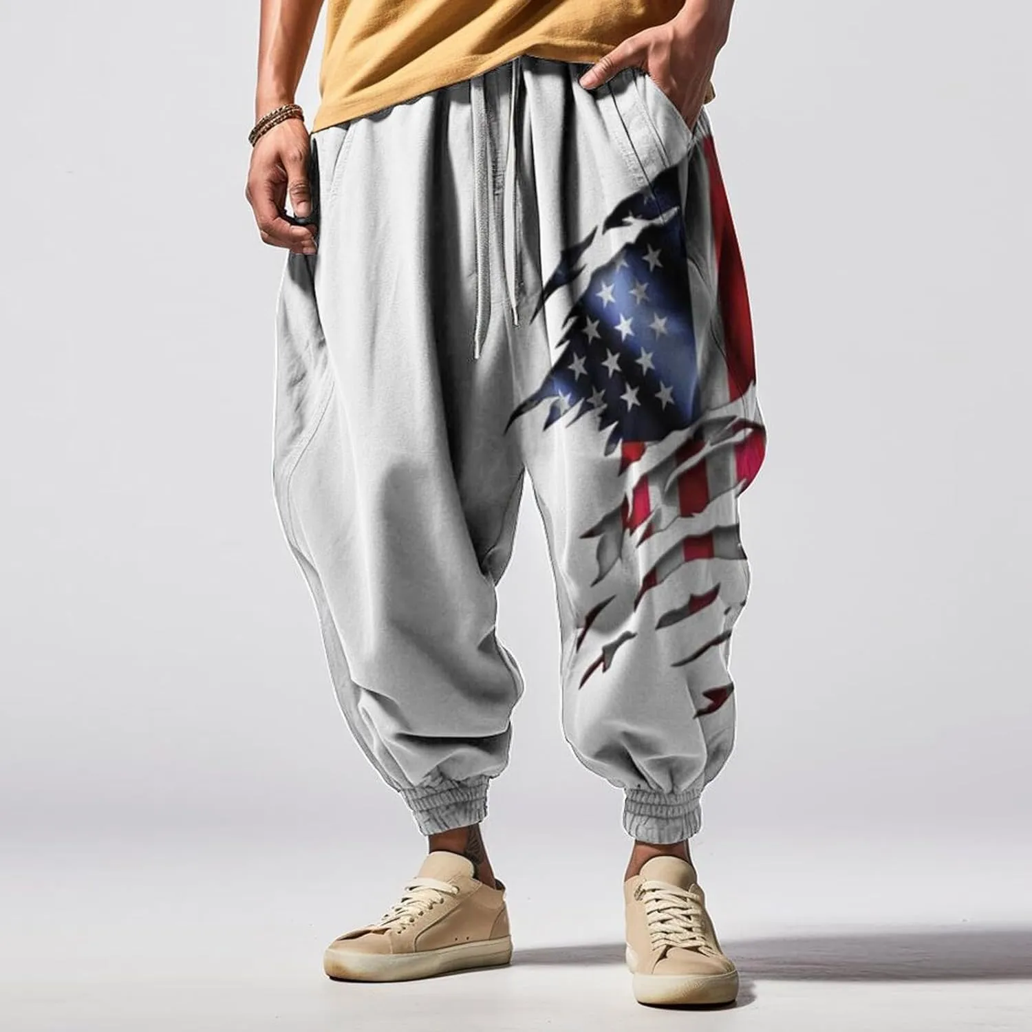 Mens Baggy Harem Pants Men Elastic Drawstring Cotton Pants Waist Waist Mid Casual Solid Mens Casual Cotton Linen