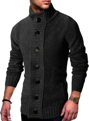 Men's Button Down Ribbed Cardigan Sweaters Stand Collar Cable Knit Sweater Loose Fit Long Sleeve Casual Cardigans