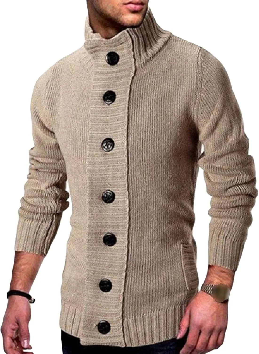 Men's Button Down Ribbed Cardigan Sweaters Stand Collar Cable Knit Sweater Loose Fit Long Sleeve Casual Cardigans