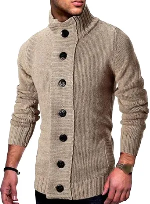 Men's Button Down Ribbed Cardigan Sweaters Stand Collar Cable Knit Sweater Loose Fit Long Sleeve Casual Cardigans