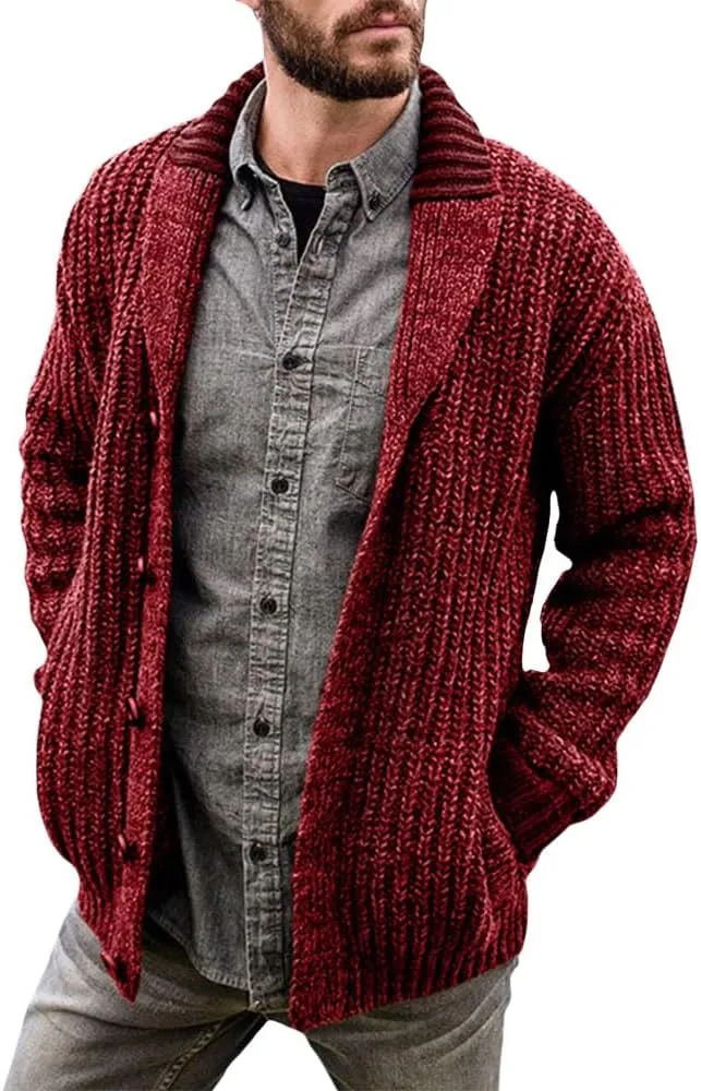 Men's Cable Knit Cardigan Sweater Collar Button Cardigans Slim Fit Sweaters Men Chunky Sweater with Pockets
