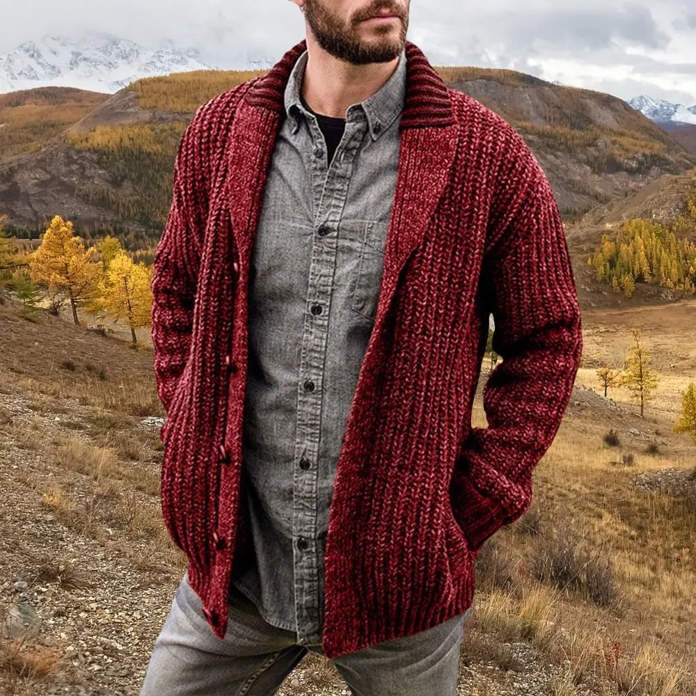 Men's Cable Knit Cardigan Sweater Collar Button Cardigans Slim Fit Sweaters Men Chunky Sweater with Pockets