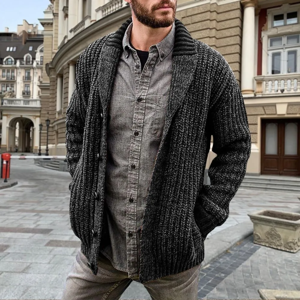 Men's Cable Knit Cardigan Sweater Collar Button Cardigans Slim Fit Sweaters Men Chunky Sweater with Pockets