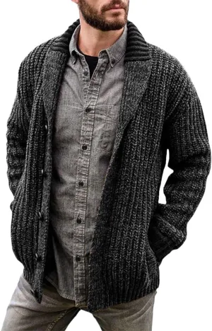 Men's Cable Knit Cardigan Sweater Collar Button Cardigans Slim Fit Sweaters Men Chunky Sweater with Pockets