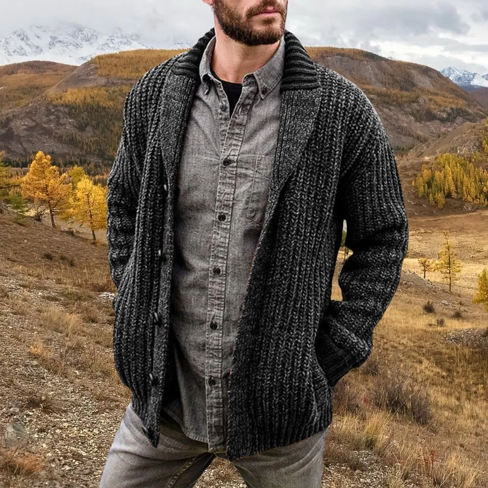 Men's Cable Knit Cardigan Sweater Collar Button Cardigans Slim Fit Sweaters Men Chunky Sweater with Pockets