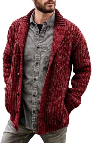 Men's Cable Knit Cardigan Sweater Collar Button Cardigans Slim Fit Sweaters Men Chunky Sweater with Pockets