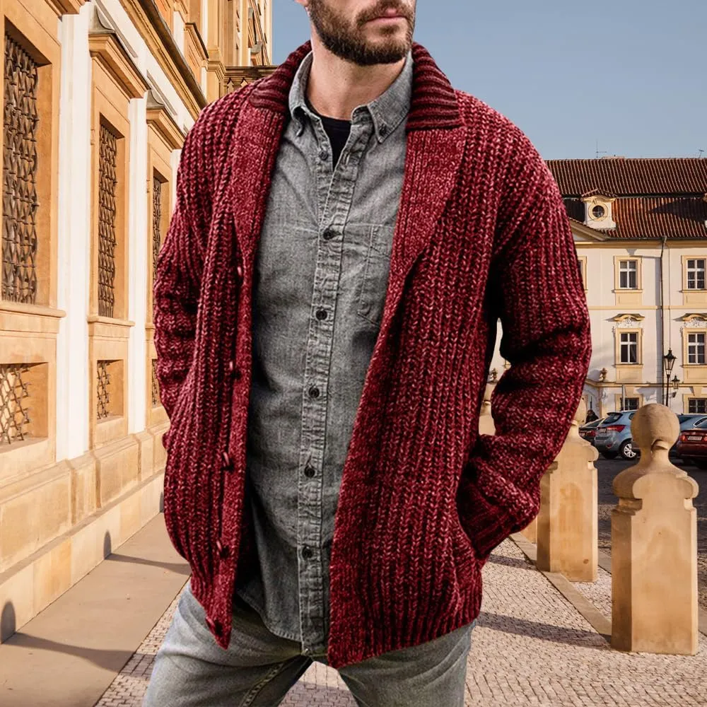 Men's Cable Knit Cardigan Sweater Collar Button Cardigans Slim Fit Sweaters Men Chunky Sweater with Pockets