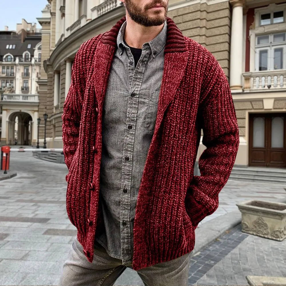 Men's Cable Knit Cardigan Sweater Collar Button Cardigans Slim Fit Sweaters Men Chunky Sweater with Pockets