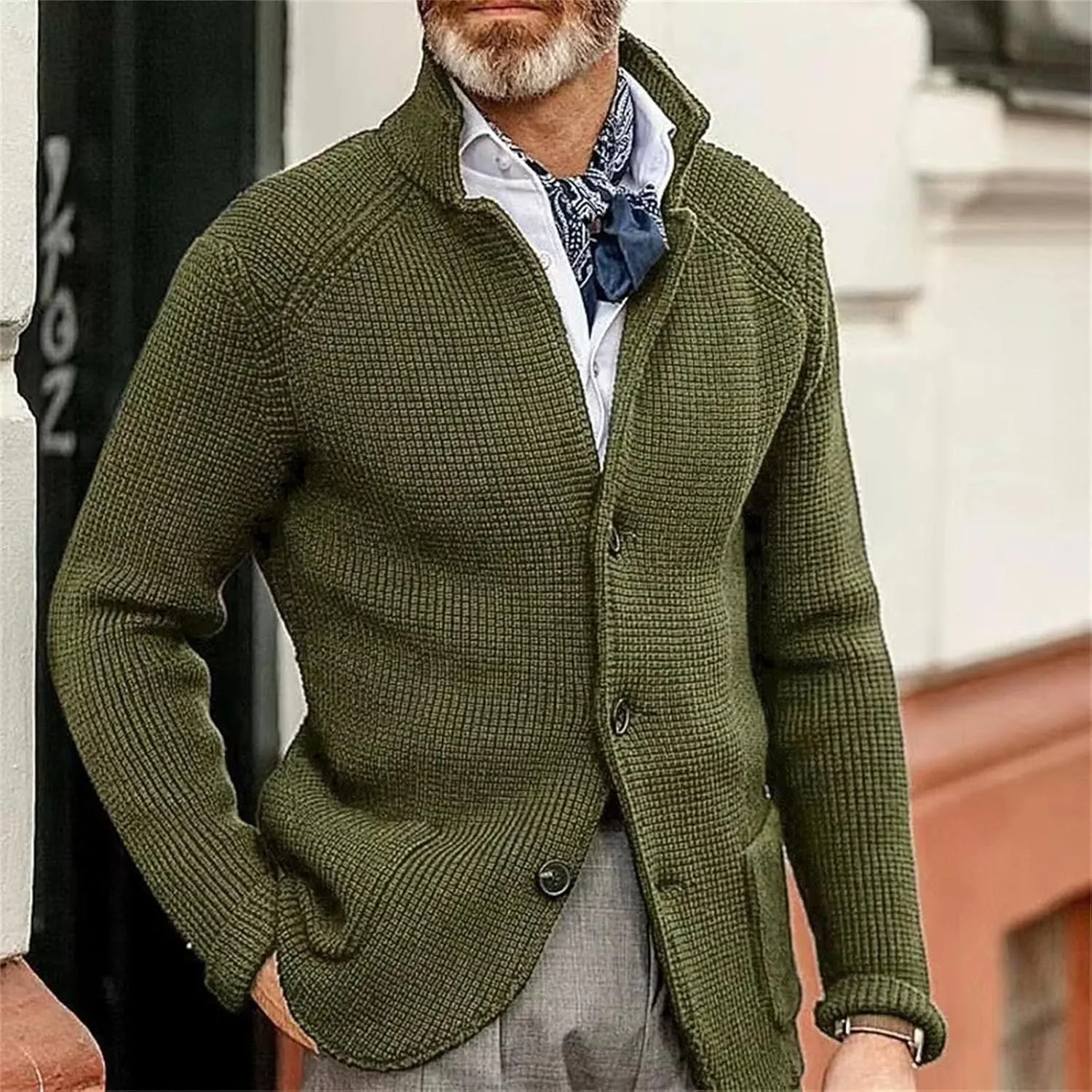 Mens Cardigan Sweater Stand Collar Button Down Knit Blazer Jacket Loose Fit Long Sleeve Casual Cardigans Knitwear