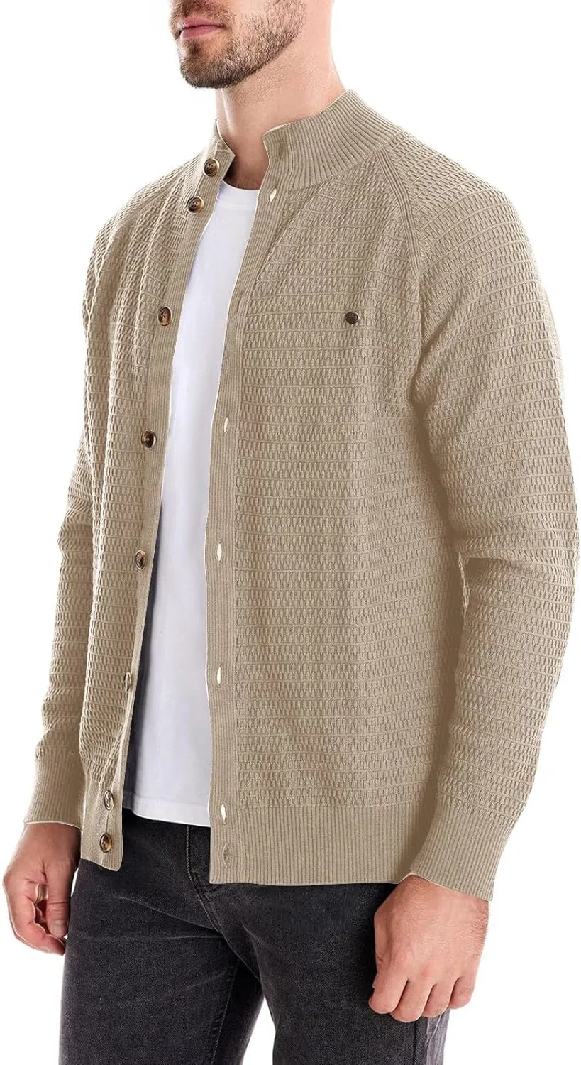 Men's Cardigan Sweaters Textured Button Down Sweater Open Front Cardigan Stand Collar Jacket Long Sleeve Cardigan