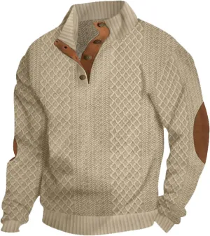 Men's Cashmere Sweaters, Mens 1/4 Button Down Sweater with Elbow Patches, Vintage Sports Golf Pullover Collar Sweater