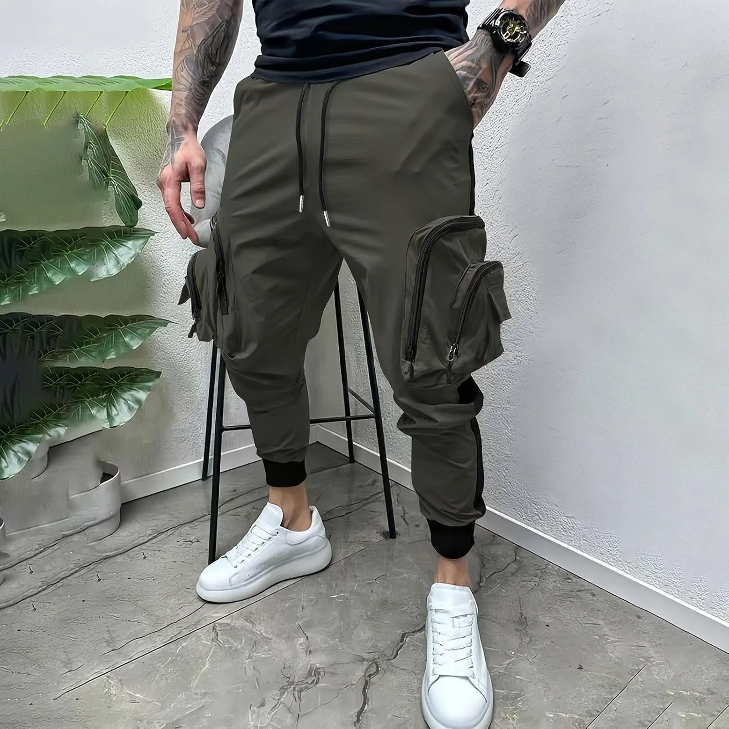 Men's Casual Cotton Cargo Pants Elastic Waist with Belt Cargo Men's Cargo Pants Elastic Waistband Chino Slim Skinny