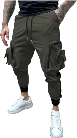 Men's Casual Cotton Cargo Pants Elastic Waist with Belt Cargo Men's Cargo Pants Elastic Waistband Chino Slim Skinny