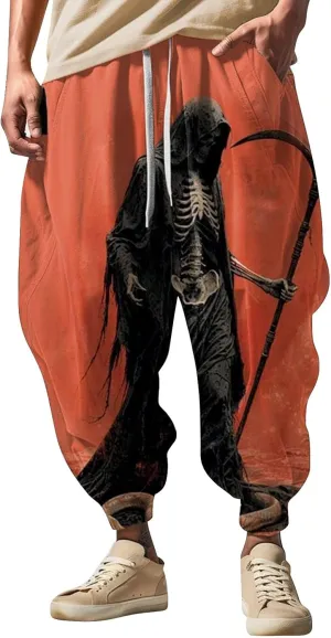 Mens Casual Harem Pants Men's Autumn Fun Print Fashion Street Feel Casual Elastic Waist Drawstring Hippie Trousers