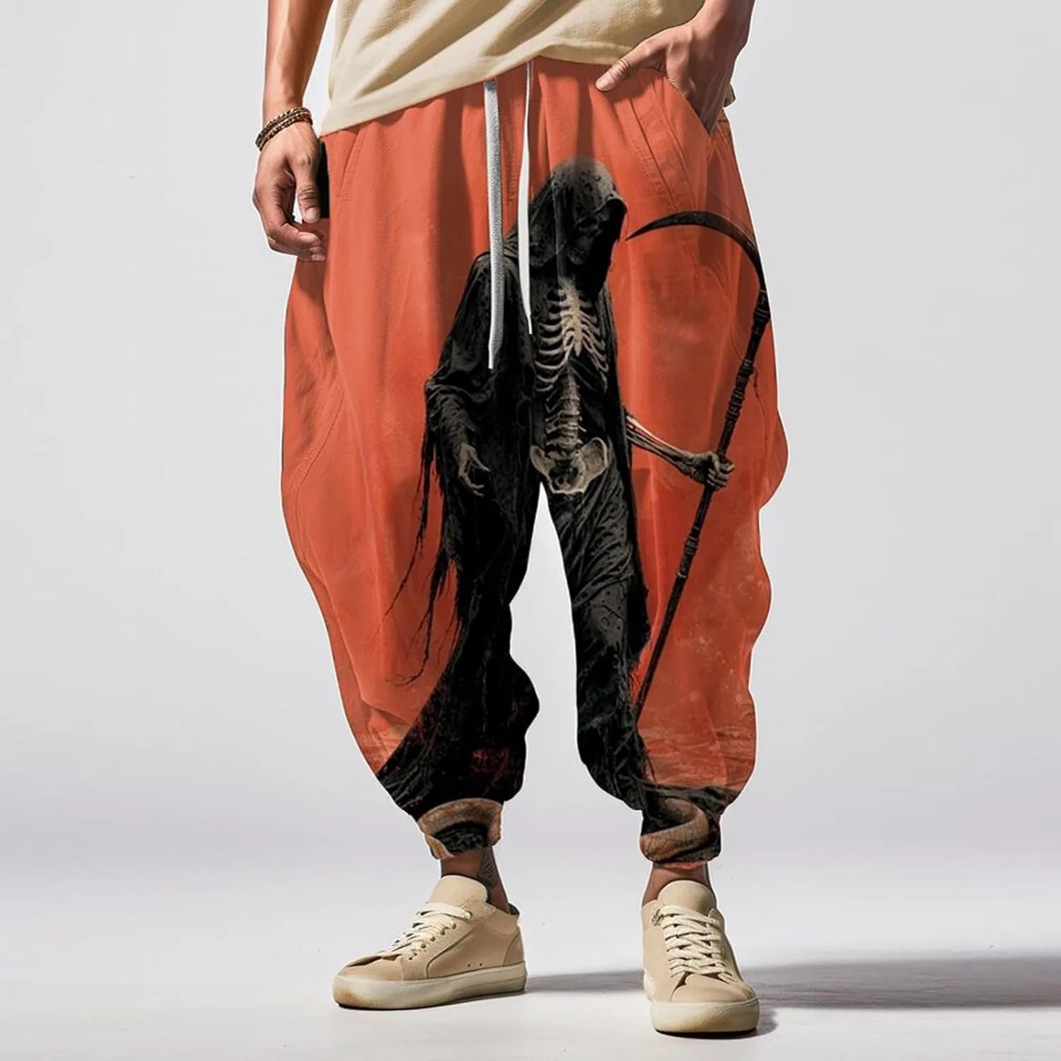 Mens Casual Harem Pants Men's Autumn Fun Print Fashion Street Feel Casual Elastic Waist Drawstring Hippie Trousers