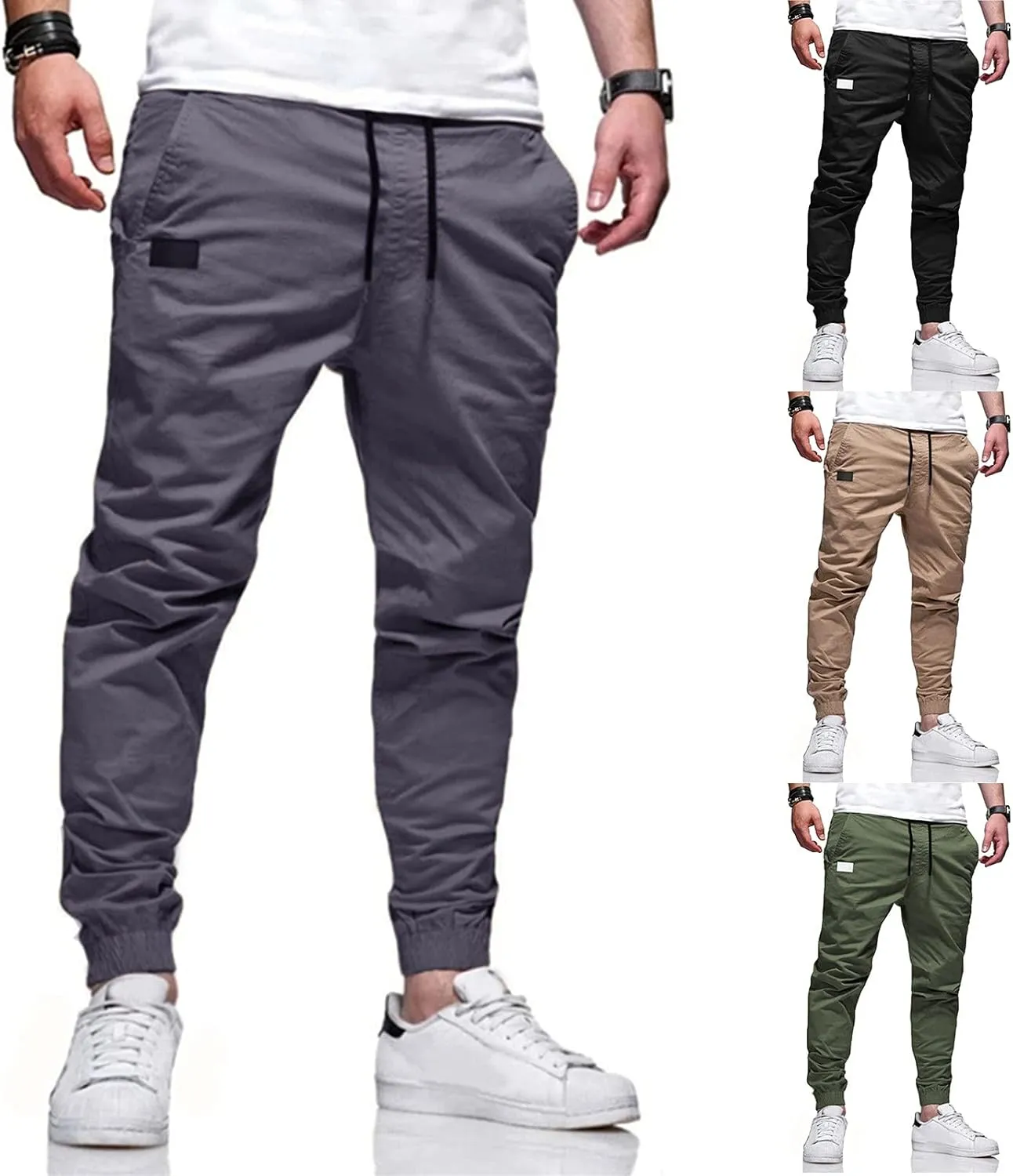 Men's Casual Joggers Pants Trendy Drawstring Solid Cargo Pants Hiking Outdoor Twill Track Jogger Sweatpants